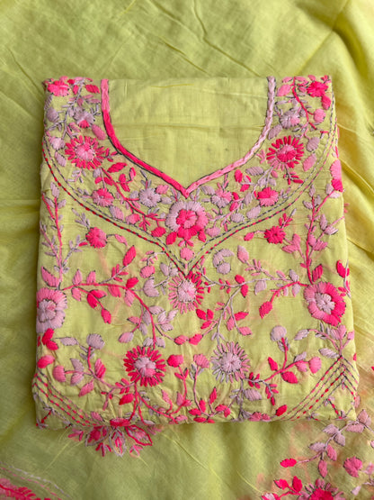 Lemon Yellow Hand Embroidered Cotton Suit