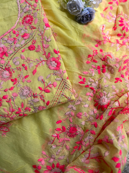 Lemon Yellow Hand Embroidered Cotton Suit