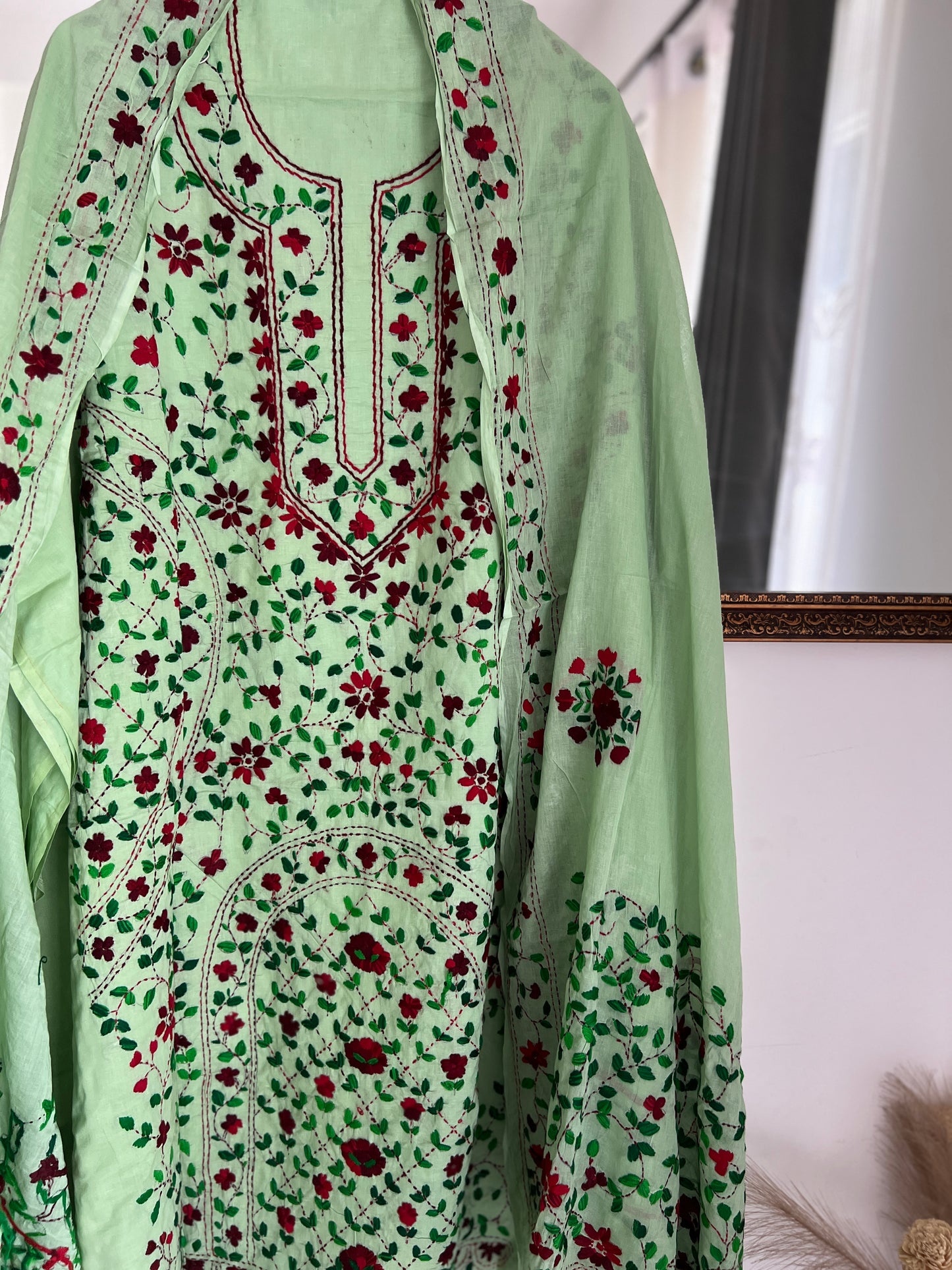 Mint Green Hand Embroidered Cotton Suit