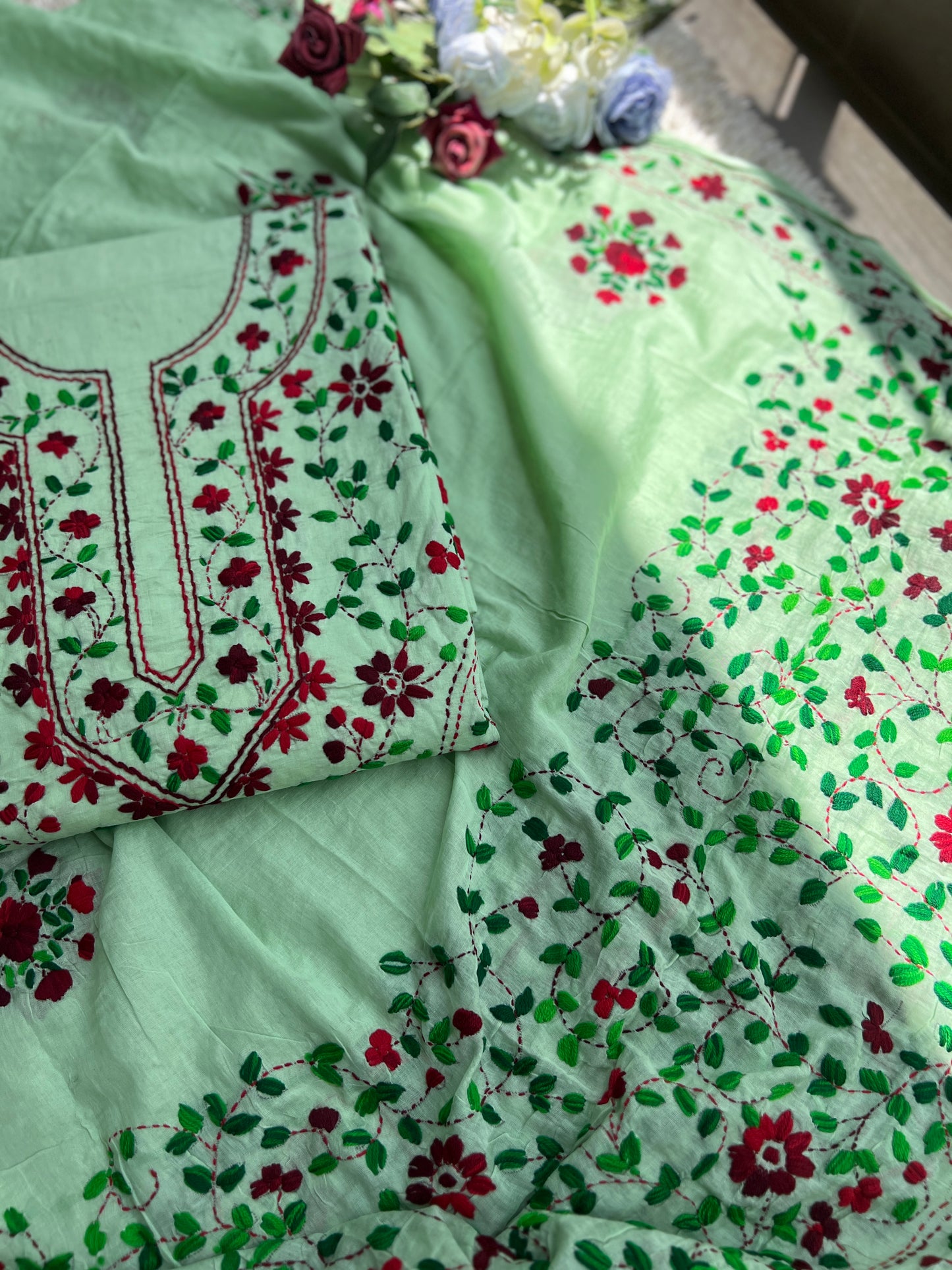Mint Green Hand Embroidered Cotton Suit
