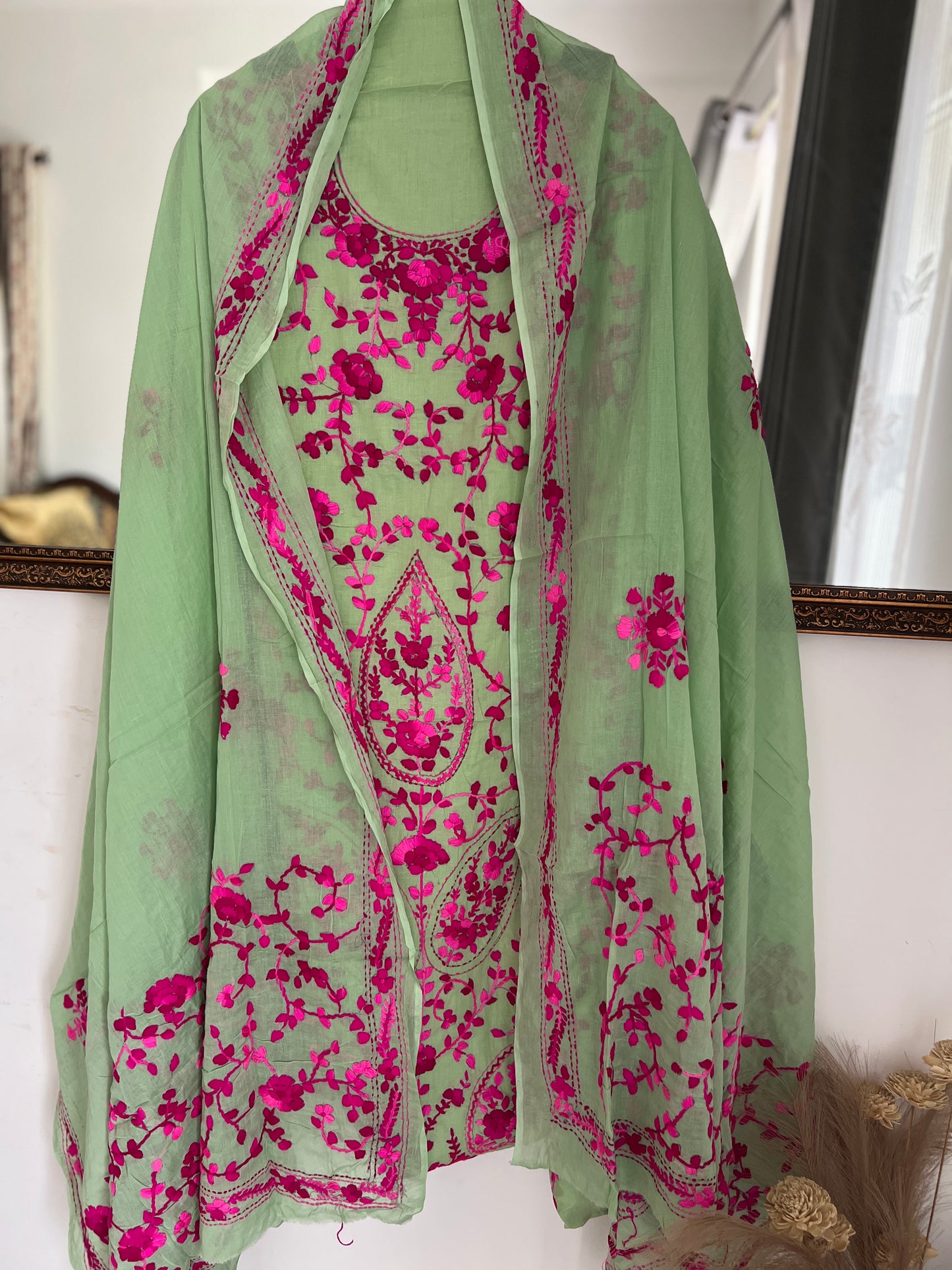 Mint Bloom Embroidered Cotton Suit Set