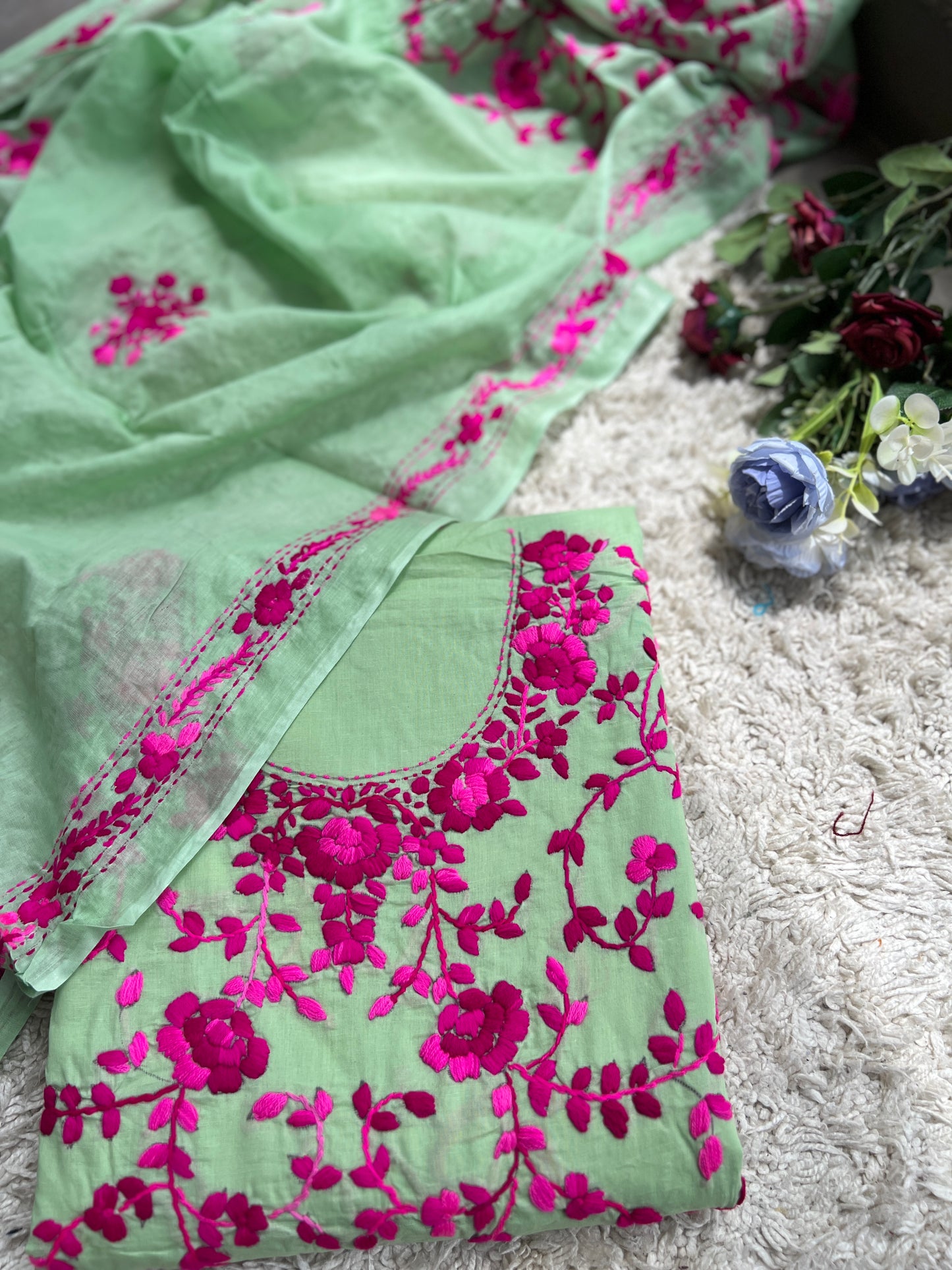 Mint Bloom Embroidered Cotton Suit Set