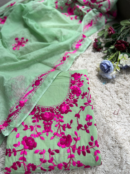 Mint Bloom Embroidered Cotton Suit Set