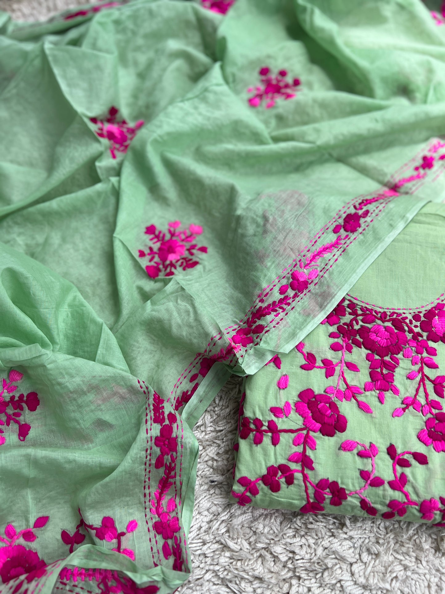Mint Bloom Embroidered Cotton Suit Set