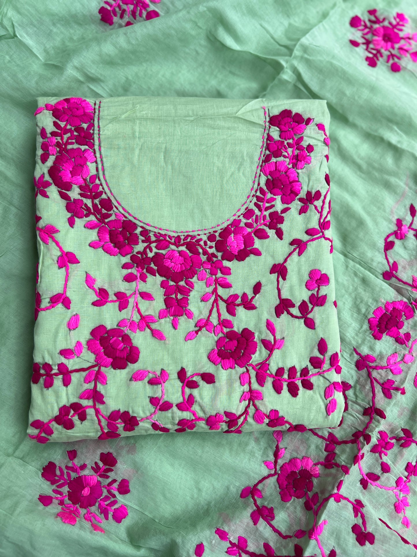 Mint Bloom Embroidered Cotton Suit Set