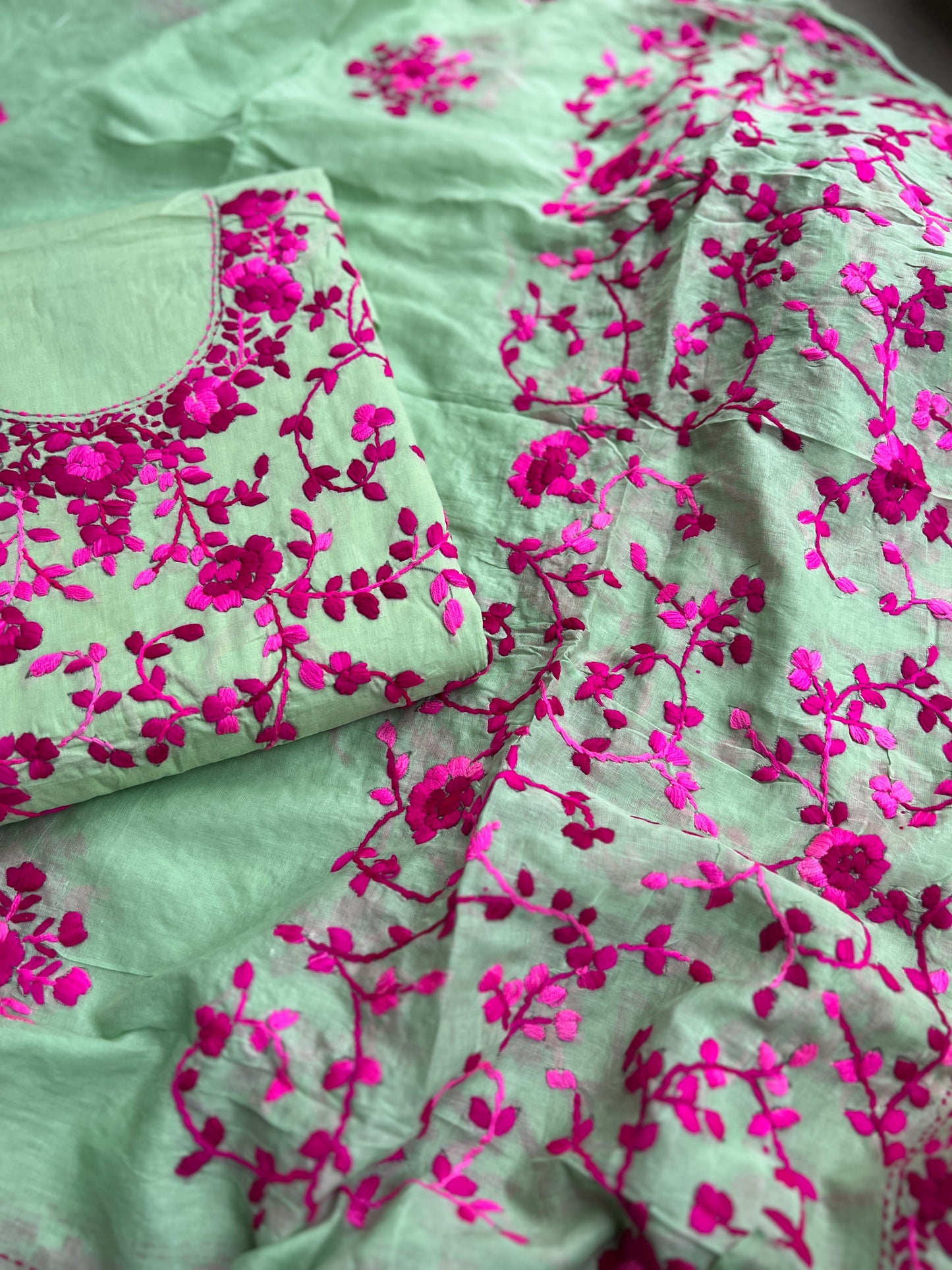 Mint Bloom Embroidered Cotton Suit Set