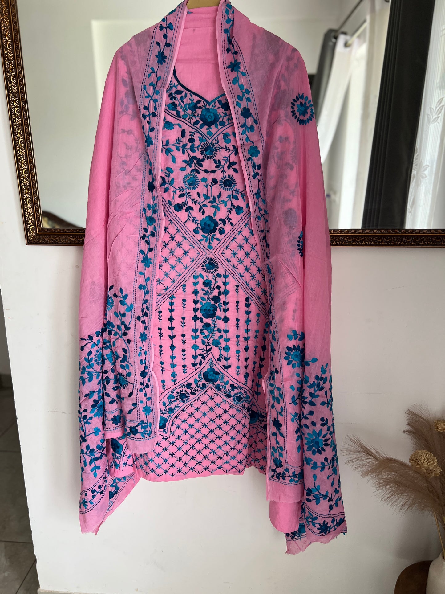 Candy Pink & Teal Blue Hand Embroidered Cotton Suit Set