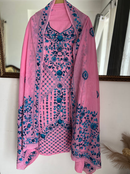 Candy Pink & Teal Blue Hand Embroidered Cotton Suit Set