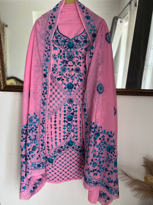 Candy Pink & Teal Blue Hand Embroidered Cotton Suit Set