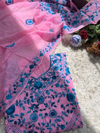 Candy Pink & Teal Blue Hand Embroidered Cotton Suit Set