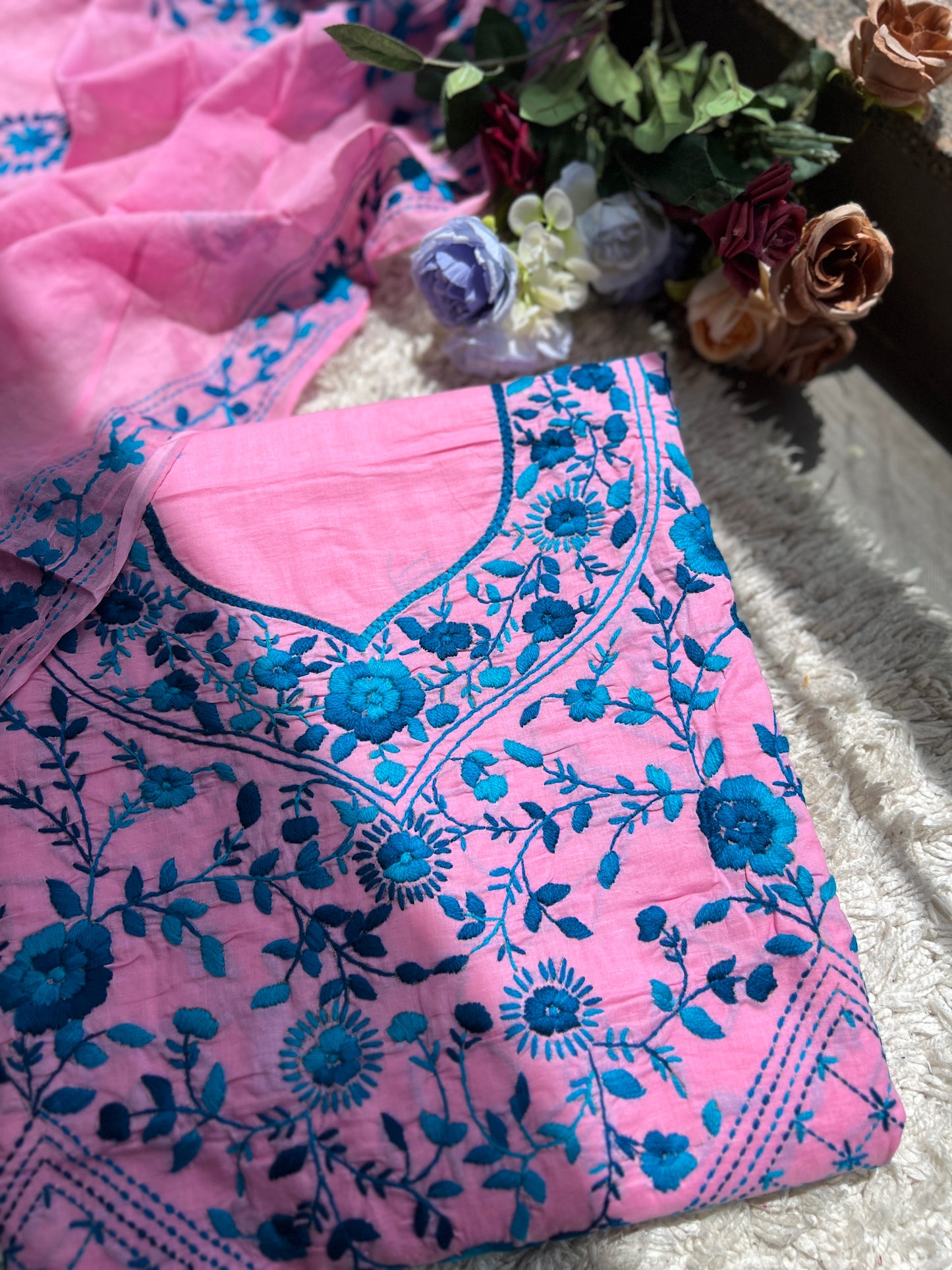 Candy Pink & Teal Blue Hand Embroidered Cotton Suit Set