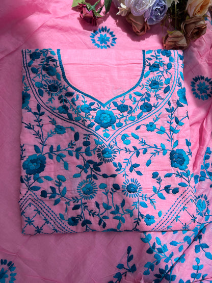 Candy Pink & Teal Blue Hand Embroidered Cotton Suit Set