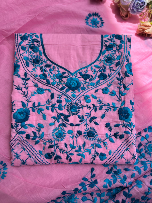 Candy Pink & Teal Blue Hand Embroidered Cotton Suit Set