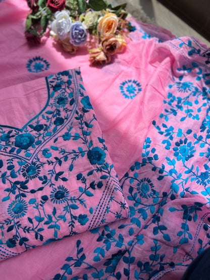 Candy Pink & Teal Blue Hand Embroidered Cotton Suit Set