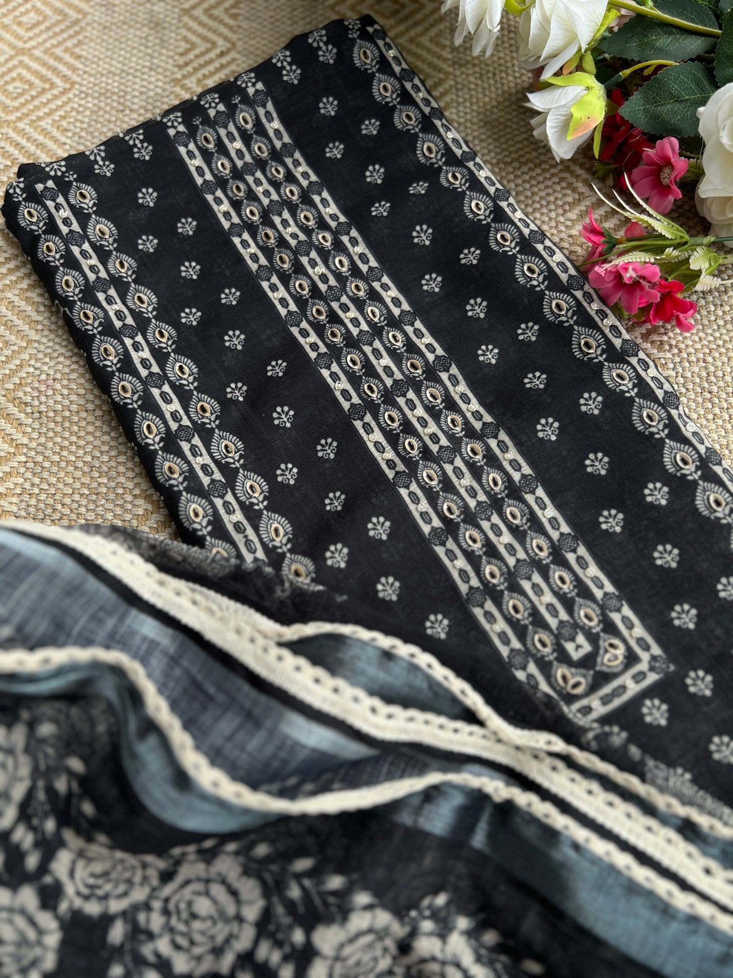 Black Handcrafted Digital printed  Linen Salwar Suits