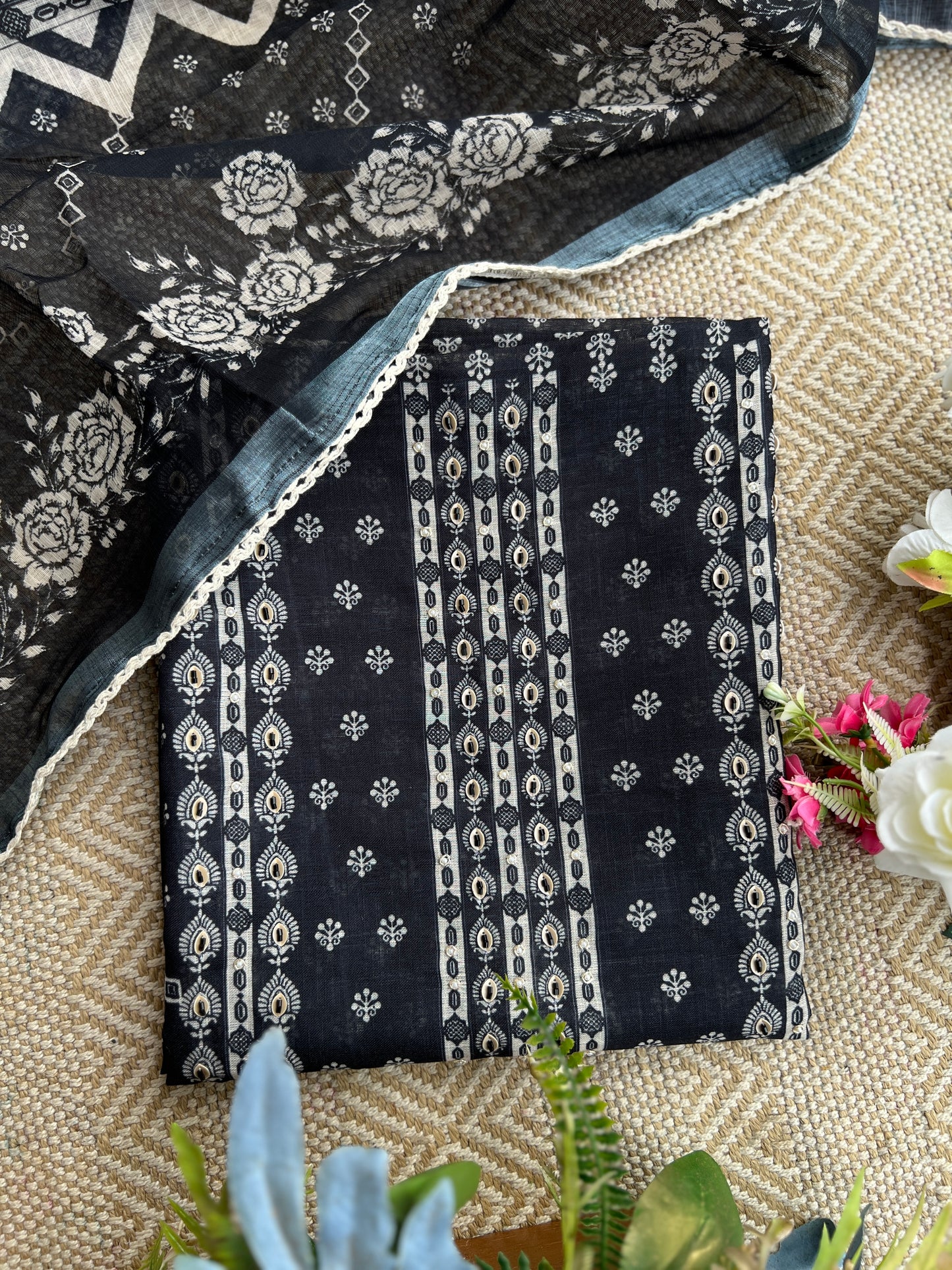 Black Handcrafted Digital printed  Linen Salwar Suits