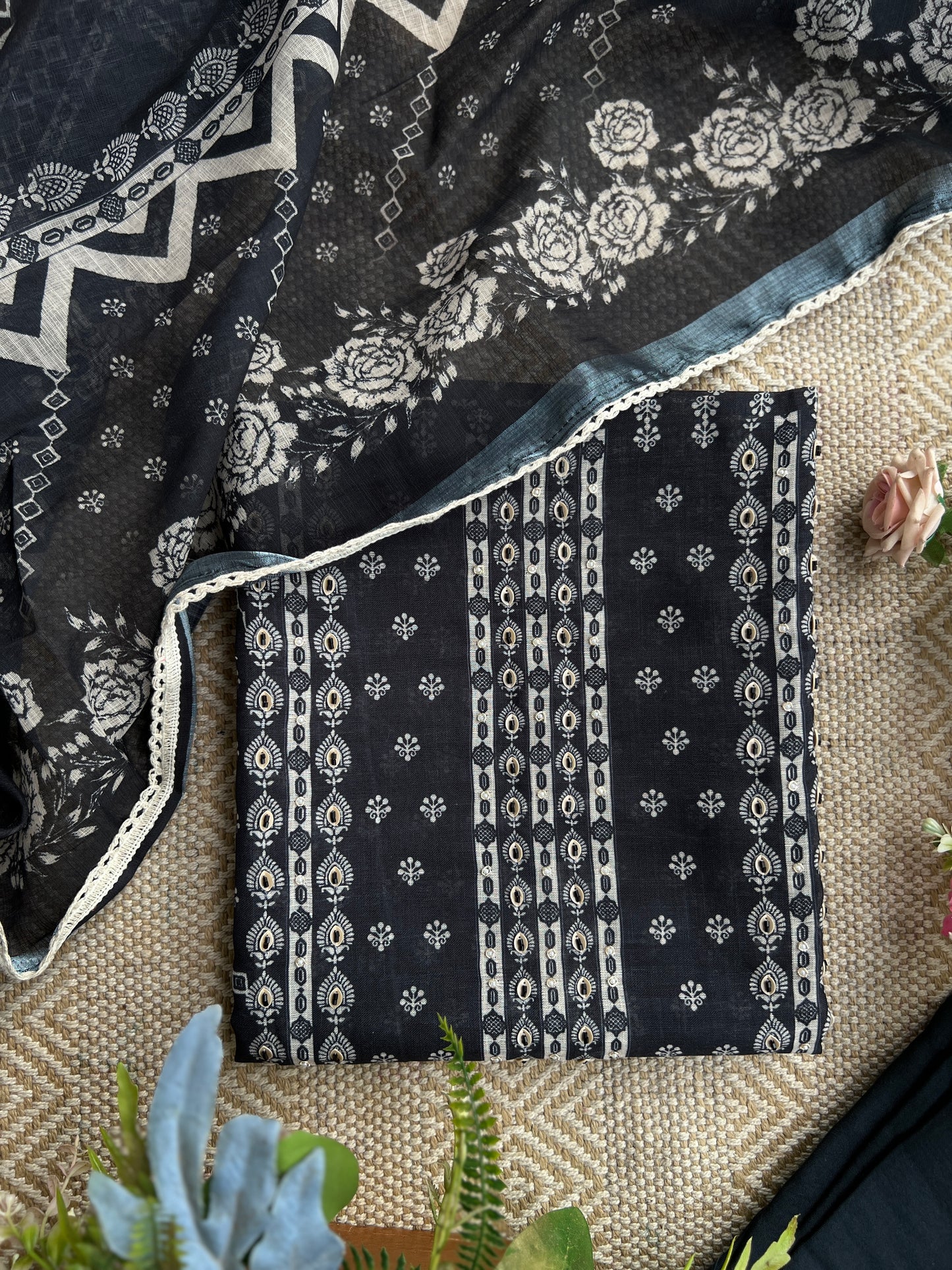 Black Handcrafted Digital printed  Linen Salwar Suits