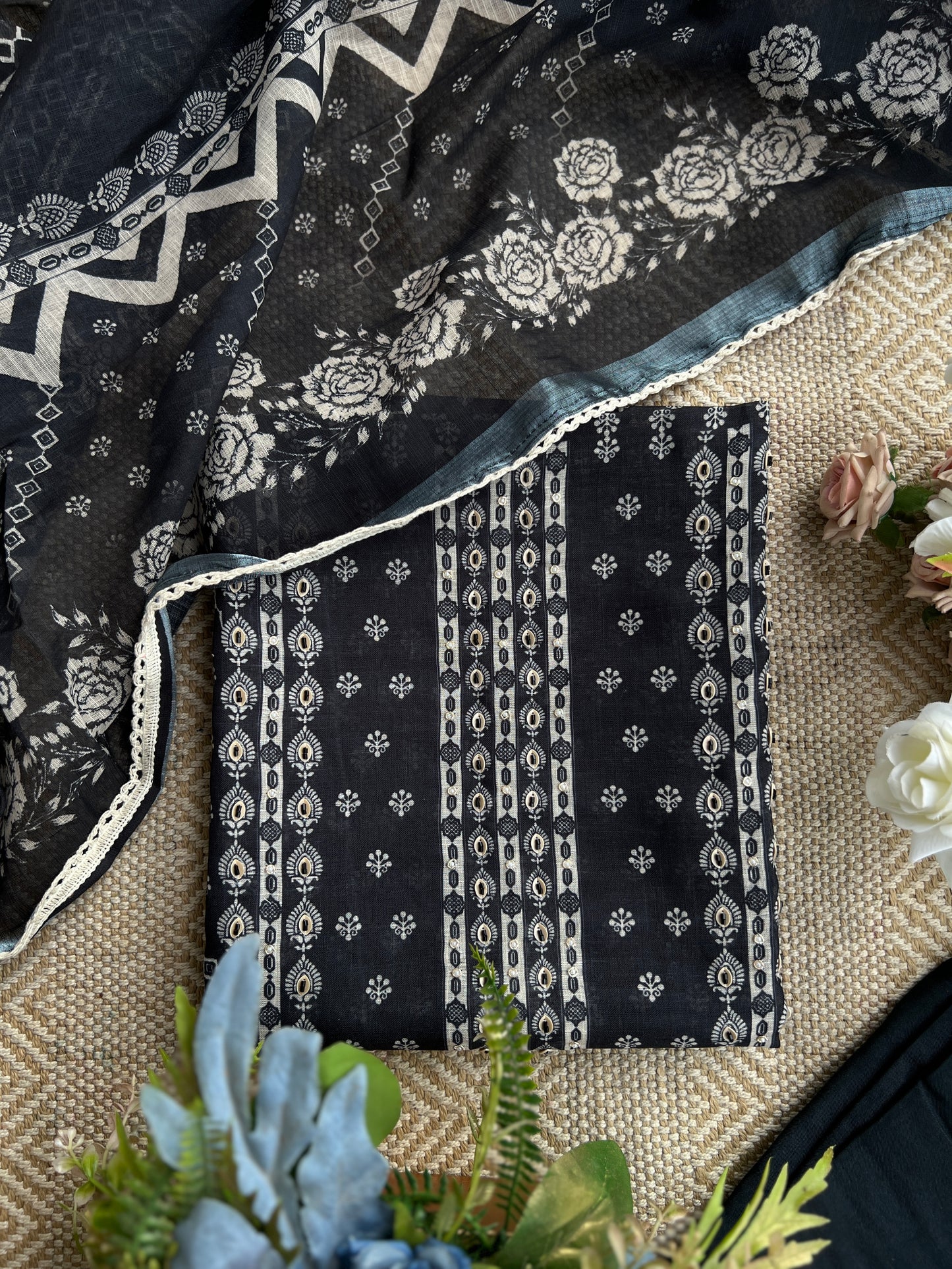 Black Handcrafted Digital printed  Linen Salwar Suits
