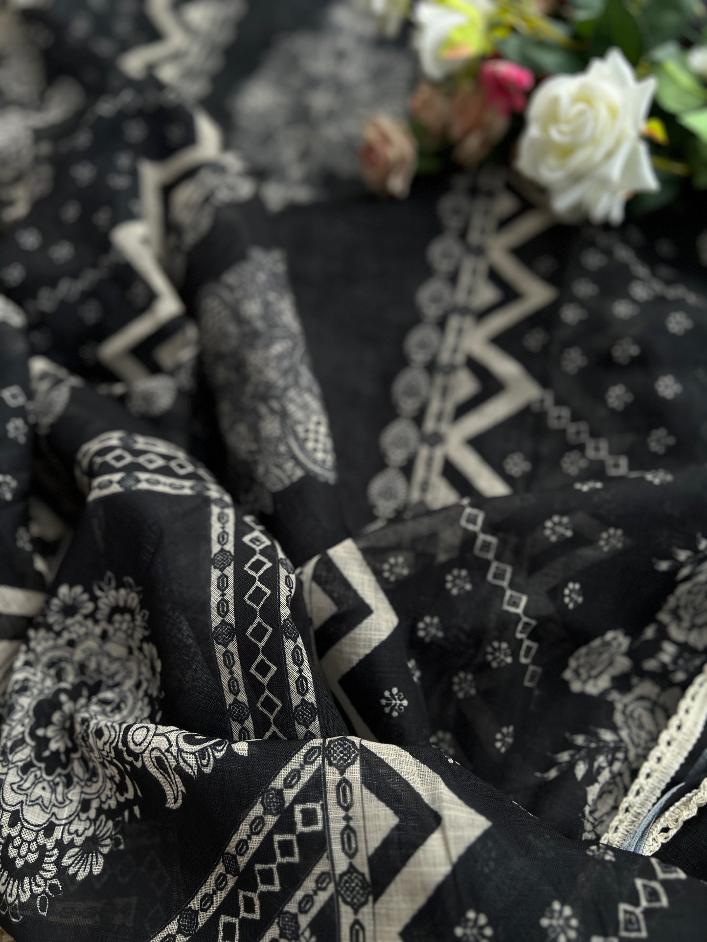 Black Handcrafted Digital printed  Linen Salwar Suits