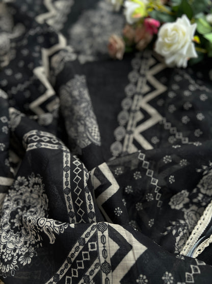 Black Handcrafted Digital printed  Linen Salwar Suits