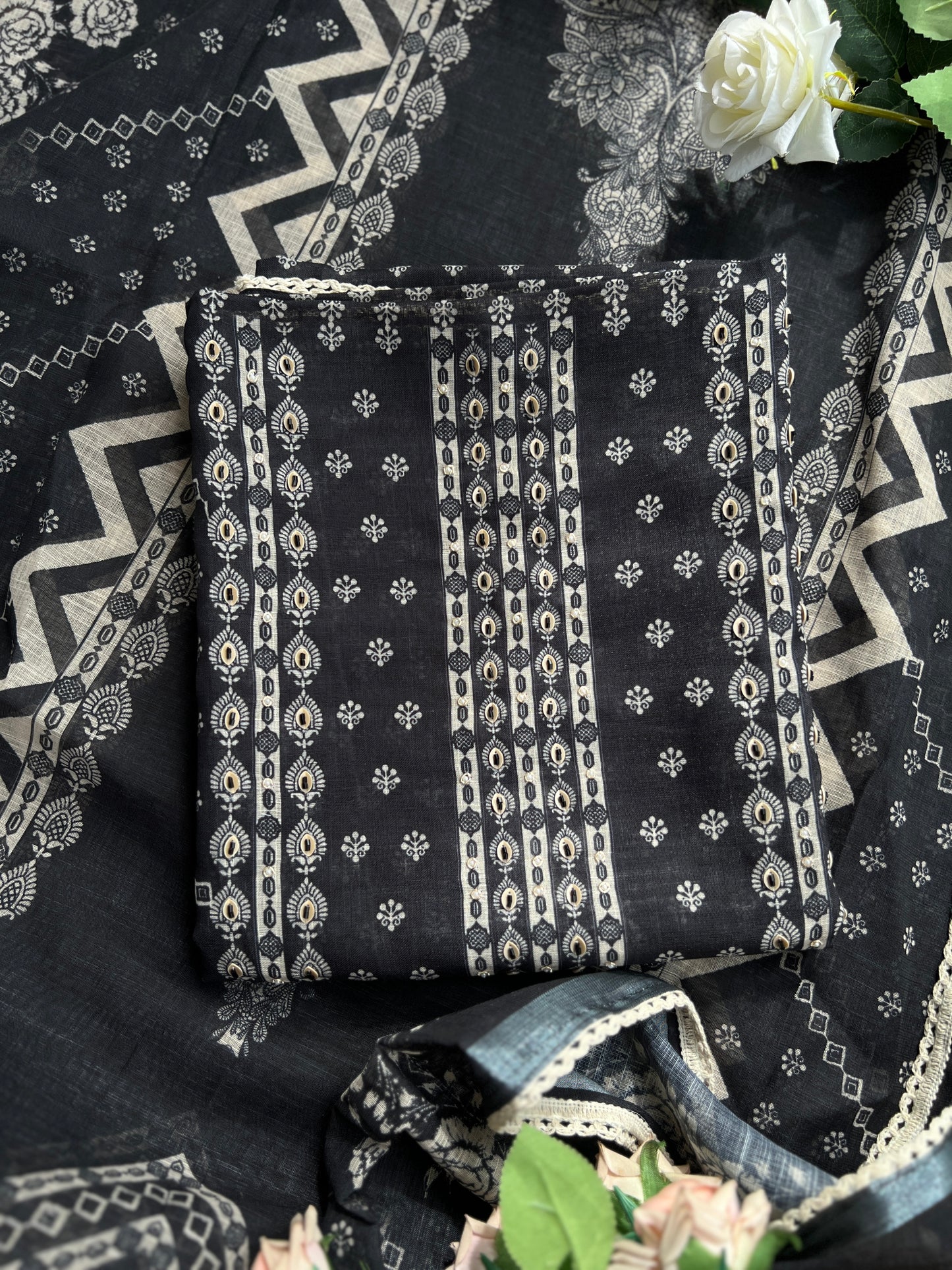 Black Handcrafted Digital printed  Linen Salwar Suits