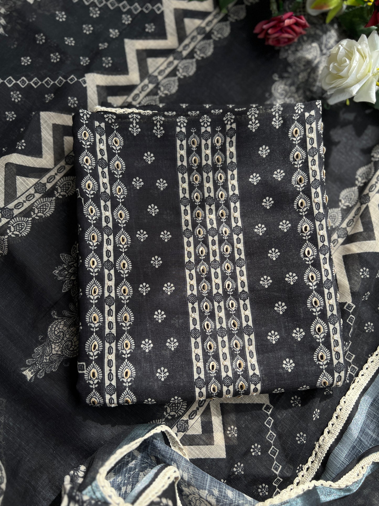 Black Handcrafted Digital printed  Linen Salwar Suits