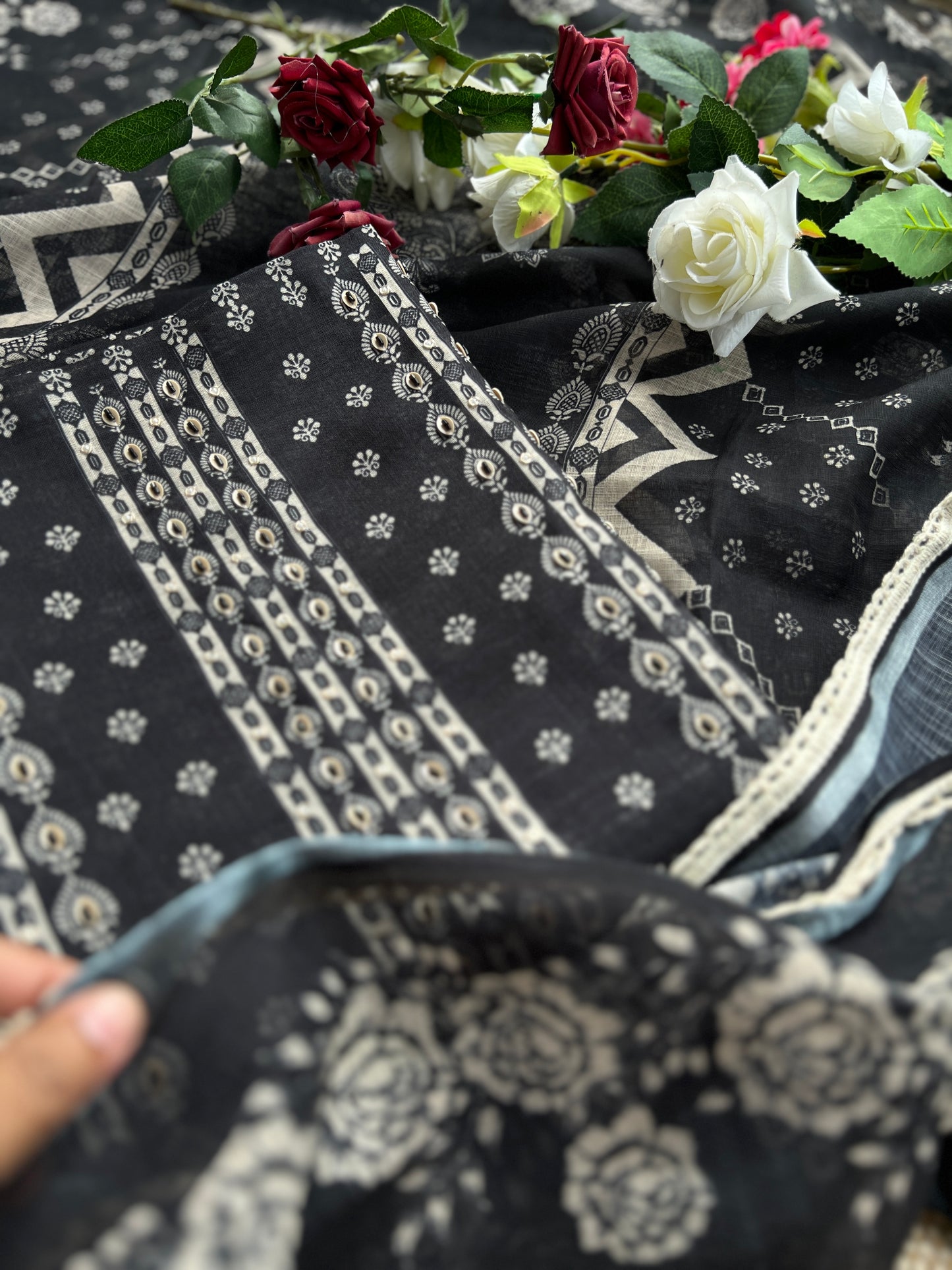 Black Handcrafted Digital printed  Linen Salwar Suits