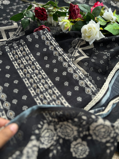 Black Handcrafted Digital printed  Linen Salwar Suits