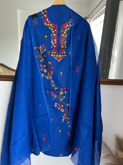 Blue Pure Cotton Kashmiri Handwork Suit Set
