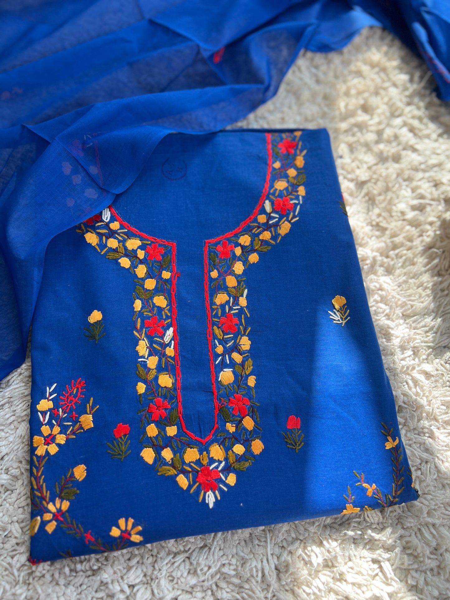 Blue Pure Cotton Kashmiri Handwork Suit Set