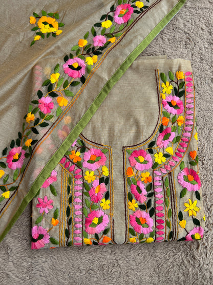 Elegant Beige Multi Phulkari Chanderi Silk Ensemble