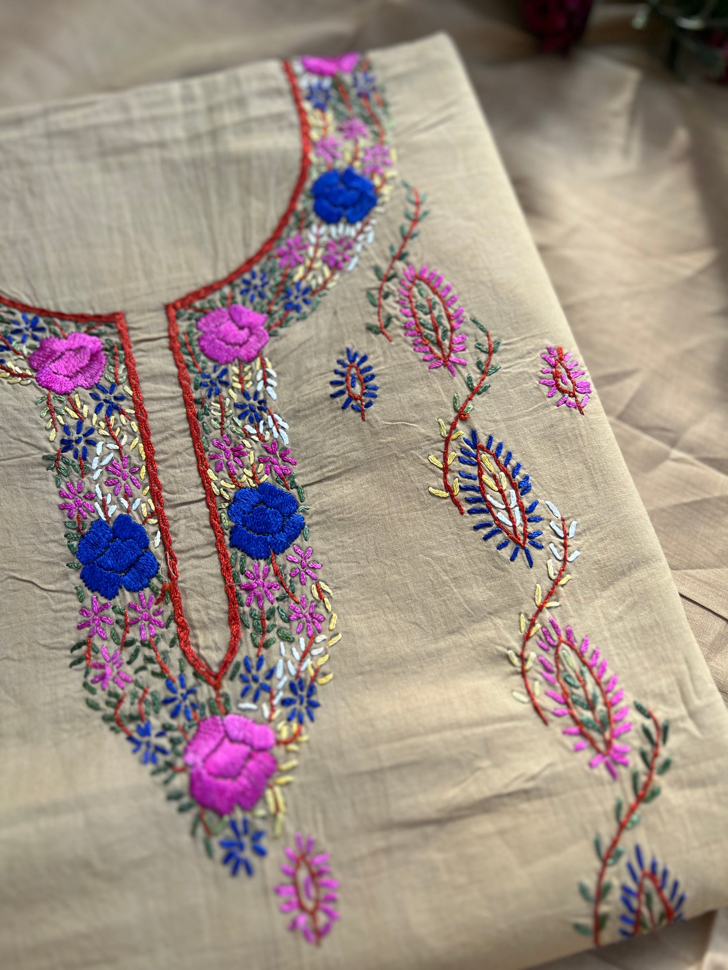 Beige Pure Cotton Kashmiri Handwork Suit Set