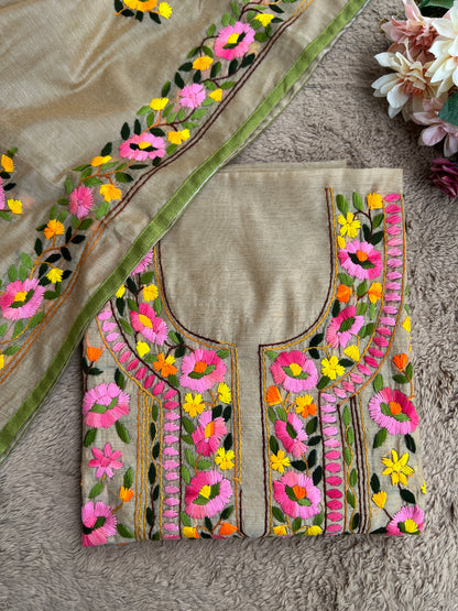Elegant Beige Multi Phulkari Chanderi Silk Ensemble