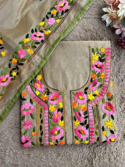 Elegant Beige Multi Phulkari Chanderi Silk Ensemble