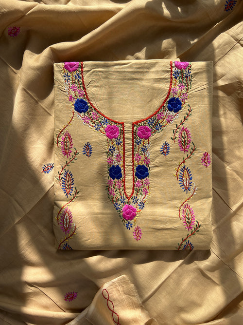 Beige Brown  Pure Cotton Parshi Handwork Suit Set