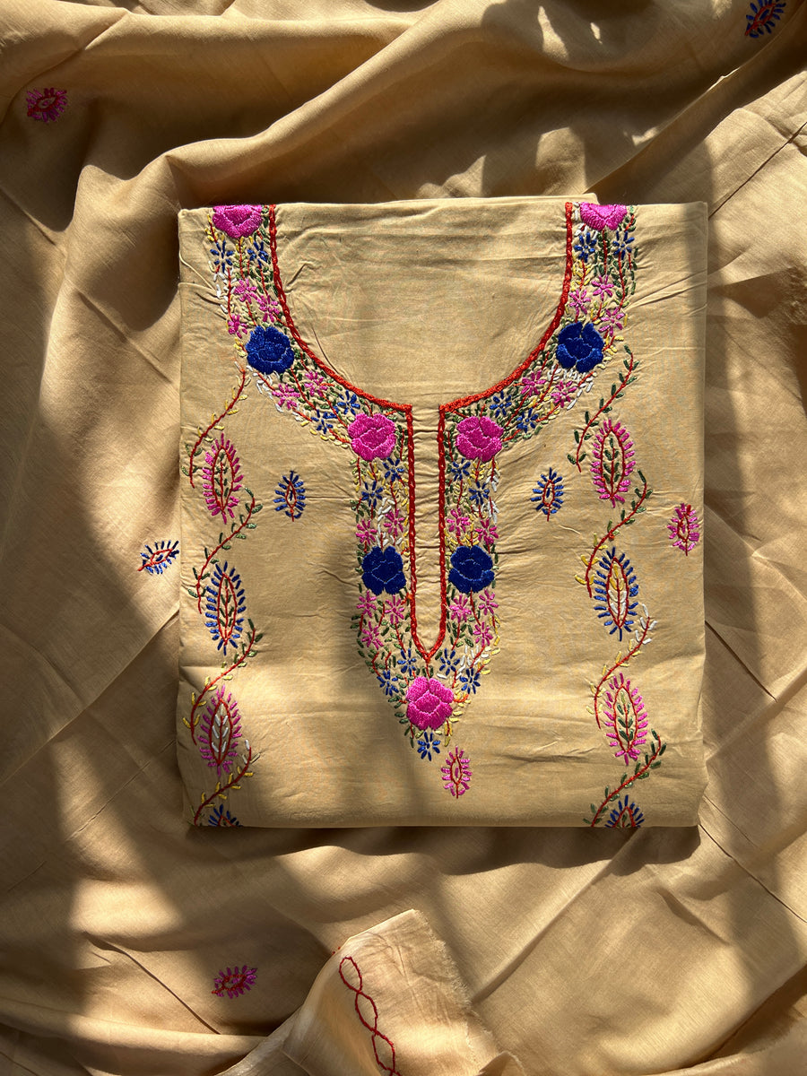 Beige Pure Cotton Kashmiri Handwork Suit Set
