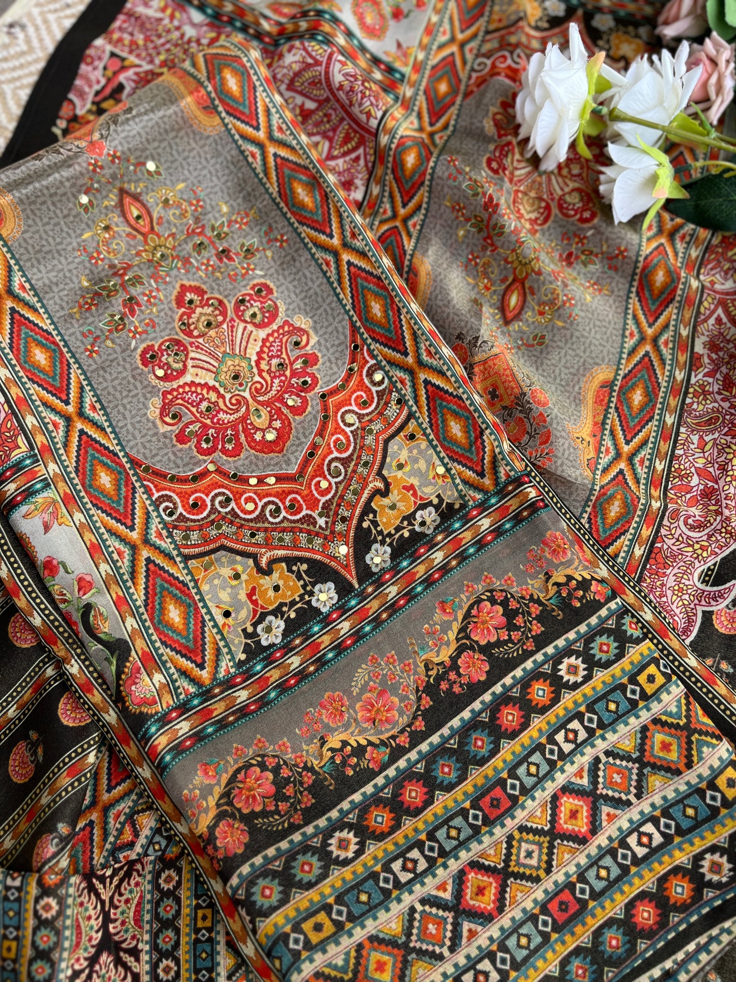 Karachi Printed Shimmer Silk semistiched  suit