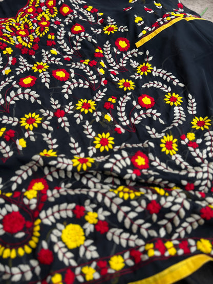 Black Phulkari Ensemble with Vibrant Hand Embroidery