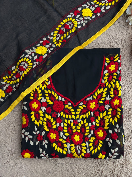 Black Phulkari Ensemble with Vibrant Hand Embroidery