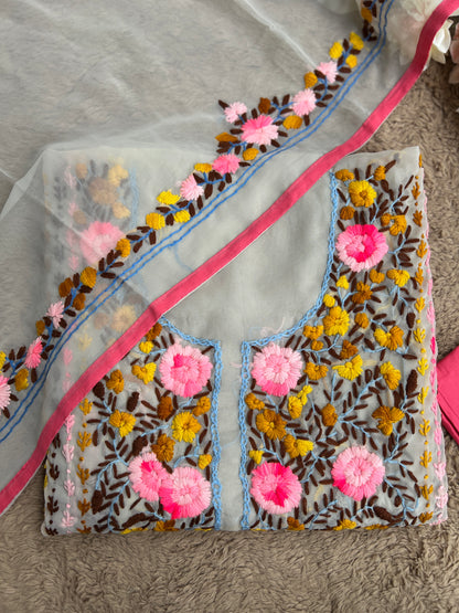 White Georgette Phulkari Suit with pink Hand Embroidery 🌼