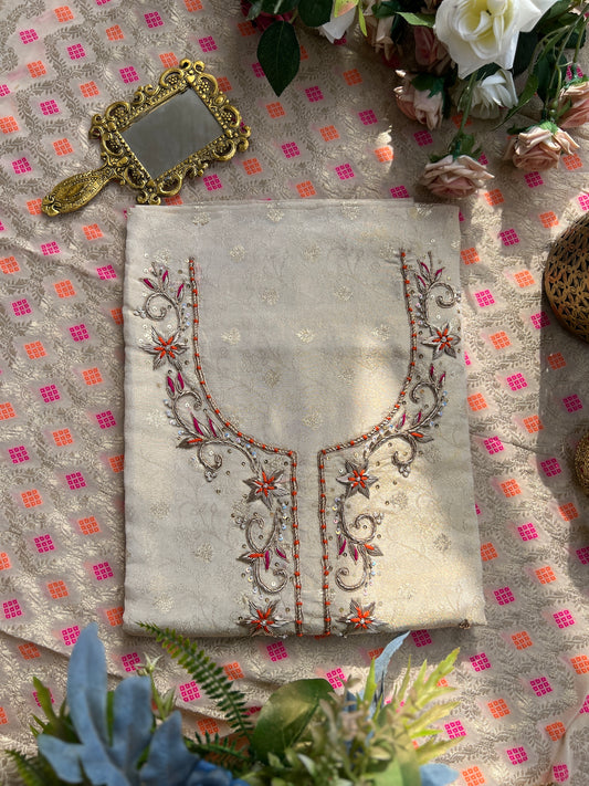 Elegant Ivory Shimmer Jaquard Handwork