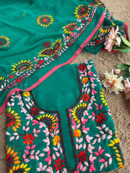 Emerald Green Georgette Phulkari Suit with Multicolor Hand Embroidery 🌺