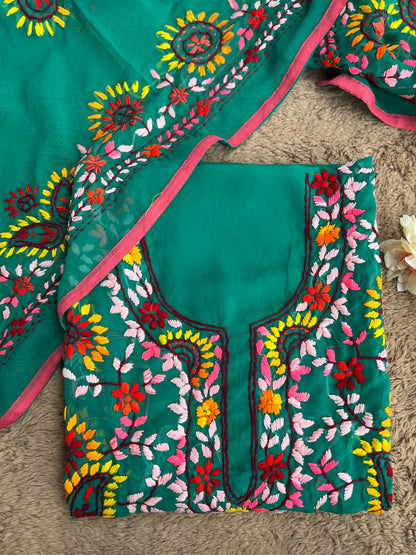 Emerald Green Georgette Phulkari Suit with Multicolor Hand Embroidery 🌺