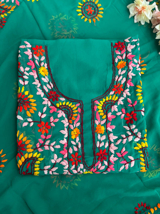 Emerald Green Georgette Phulkari Suit with Multicolor Hand Embroidery 🌺