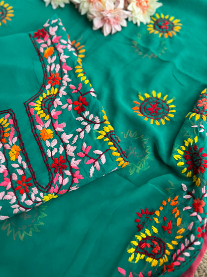 Emerald Green Georgette Phulkari Suit with Multicolor Hand Embroidery 🌺