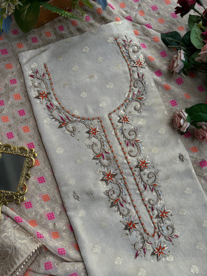 Elegant Ivory Shimmer Jaquard Handwork