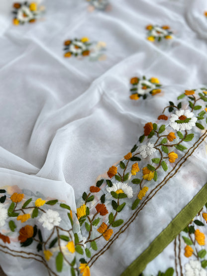 White Georgette Phulkari Suit with Sunshine Yellow Hand Embroidery 🌼