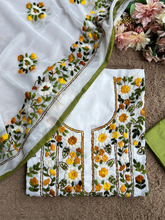 White Georgette Phulkari Suit with Sunshine Yellow Hand Embroidery 🌼