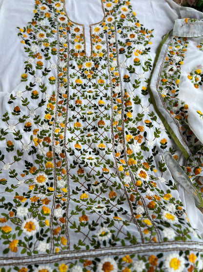 White Georgette Phulkari Suit with Sunshine Yellow Hand Embroidery 🌼