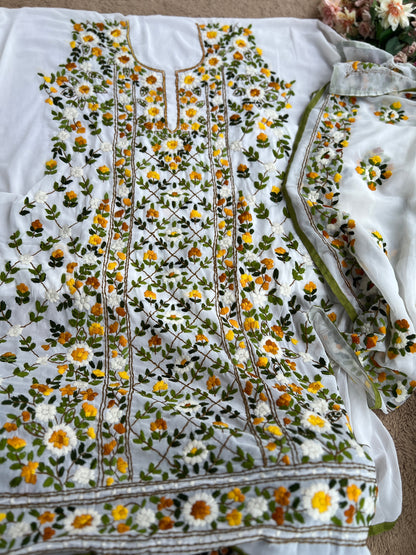 White Georgette Phulkari Suit with Sunshine Yellow Hand Embroidery 🌼